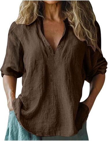 Linen Blouses for Women Summer Casual 3/4 Length Sleeve Tops V Neck Loose Fit Cotton Spring Tops Vacation Clothes in Saudi Arabia