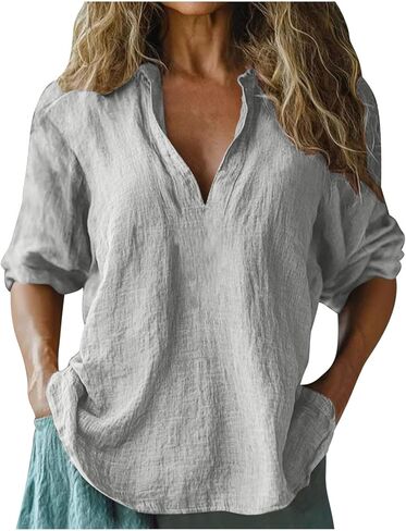 Linen Blouses for Women Summer Casual 3/4 Length Sleeve Tops V Neck Loose Fit Cotton Spring Tops Vacation Clothes in Saudi Arabia