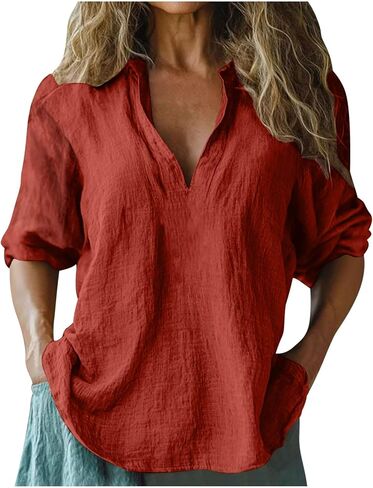 Linen Blouses for Women Summer Casual 3/4 Length Sleeve Tops V Neck Loose Fit Cotton Spring Tops Vacation Clothes in Saudi Arabia