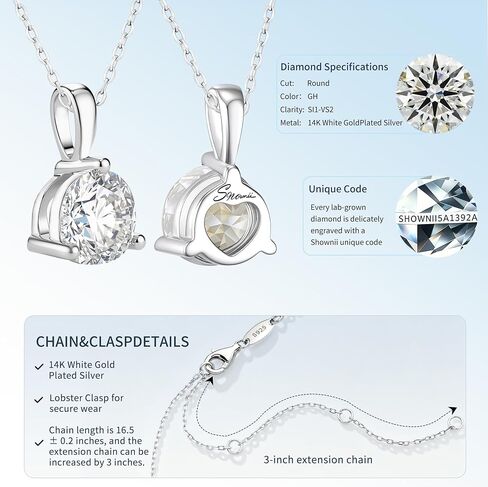 shownii Diamond Necklace Certified LAB GROWN Diamond 0.25-0.5CT Round Pendant Necklaces for Women 14K White Gold Plated Sterling Silver Womens Necklace Dainty Jewelry Present(GH Color, SI1-VS2 Clarity, 3 Prong) in Saudi Arabia