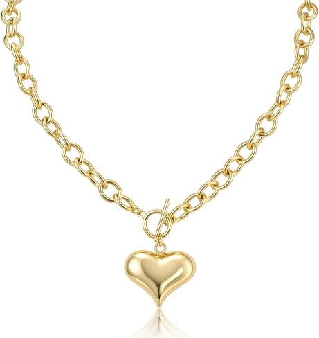 Chunky Gold Heart Necklaces for Women Chunky 14K Gold Plated Heart Pendant Necklace with Toggle Clasp, Waterproof Non Tarnish Hypoallergenic, Fashion Jewelry Gold Necklace Gift for Women in Saudi Arabia