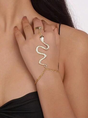 AIBFRID Gold Snake Finger Ring Bracelet for Women, Adjustable Serpent Hand Chain Jewelry, Vintage Boho Slave Bracelet Hand Harness with Textured Scale Detail, Gothic Hip Hop Accessory for Women in Saudi Arabia