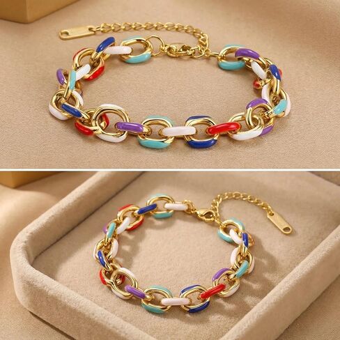 Colorful Paperclip Chain Bracelet for Women,18K Gold Plated Stainless Steel Chunky Bracelet,Hypoallergenic Enamel Link Bracelet with Gift Box in Saudi Arabia
