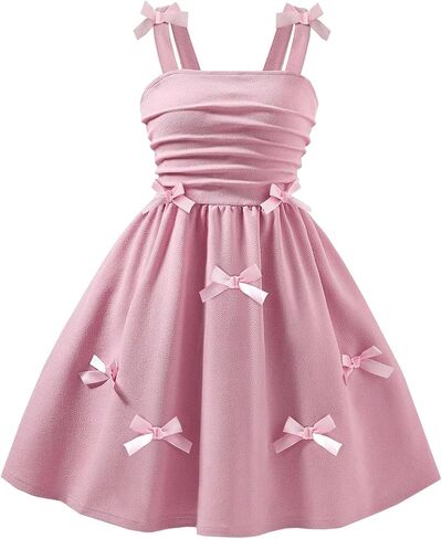 Girl Summer Bow A Line Dress Sleeveless Sweet Birthday Party Princess Cami Dresses Smocked Ruched Dresses for 8-12Y in Saudi Arabia