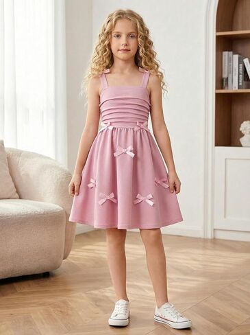Girl Summer Bow A Line Dress Sleeveless Sweet Birthday Party Princess Cami Dresses Smocked Ruched Dresses for 8-12Y in Saudi Arabia