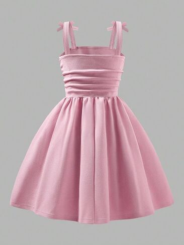 Girl Summer Bow A Line Dress Sleeveless Sweet Birthday Party Princess Cami Dresses Smocked Ruched Dresses for 8-12Y in Saudi Arabia