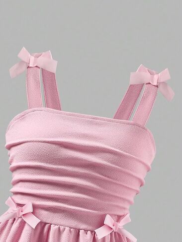 Girl Summer Bow A Line Dress Sleeveless Sweet Birthday Party Princess Cami Dresses Smocked Ruched Dresses for 8-12Y in Saudi Arabia