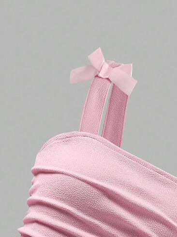Girl Summer Bow A Line Dress Sleeveless Sweet Birthday Party Princess Cami Dresses Smocked Ruched Dresses for 8-12Y in Saudi Arabia