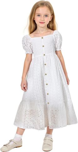 Girls Dress Puff Short Sleeve Fashion Summer Dresses Girl's Loose Casual Square Neck Dress for 7-14Y in Saudi Arabia