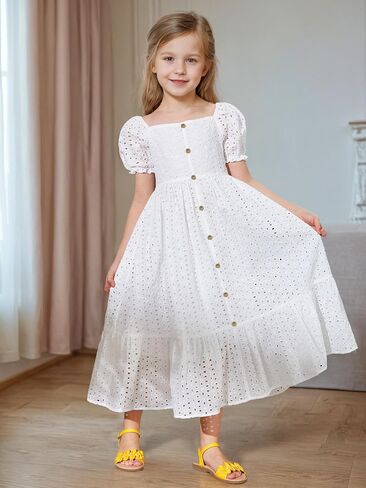Girls Dress Puff Short Sleeve Fashion Summer Dresses Girl's Loose Casual Square Neck Dress for 7-14Y in Saudi Arabia