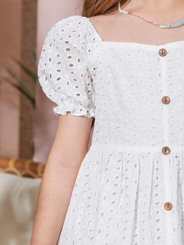 Girls Dress Puff Short Sleeve Fashion Summer Dresses Girl's Loose Casual Square Neck Dress for 7-14Y in Saudi Arabia