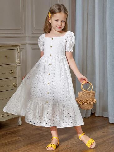 Girls Dress Puff Short Sleeve Fashion Summer Dresses Girl's Loose Casual Square Neck Dress for 7-14Y in Saudi Arabia