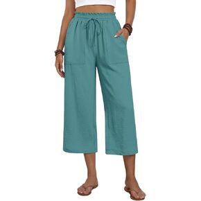 Anyhold Capri Pants for Women Cropped Summer Outfits Wide Leg High Waisted Beach Pant with Pockets in Saudi Arabia