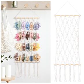 SNOWSTAR Macrame Claw Clip Organizer, Hanging Hair Clip Holder for Women Girls, 4-Tier Diamond-Shaped Grid Claw Clip Hanger, Hanging for Wall,Door,Closet. (white) in Kuwait