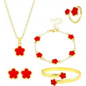 5-Piece Clover Jewelry Set for Women,14K Gold Plated Necklace Bracelet Ring Earrings Sets,Adjustable Open Ring & Bangle,Minimalist Lucky Charm Four Leaf Clover Pendant Choker for Her Wife Mom Gifts in Saudi Arabia