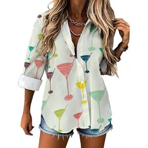 Vintage Martini Glass Women Button Down Shirt Casual Long Sleeve Breathable Smooth No See-Through Shirt Irregular Hem Blouses in Saudi Arabia