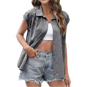 Y2K Women's Plaid Short Sleeve Button Down Shirt Business Casual Wrinkle Free Shirt Tops Lightweight Summer Blouses in Saudi Arabia