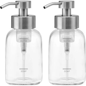 Grove Co. Foaming Hand Soap Dispenser Set – 2-Pack 12oz Refillable Glass Bottles with Stainless Steel Pumps, Reusable Square Base Soap Dispensers for Kitchen Sink and Bathroom Countertop in Saudi Arabia