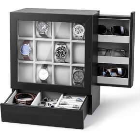 Novabright 12-Slot Black Watch Box for Men Solid Wood Watch Case with Glass Lid, Velvet Lining, Vertical Storage, 2 Drawers for Sunglasses & Jewelry, Removable Pillows, Gift for Anniversary Birthday in Saudi Arabia