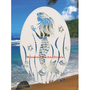 Oval Mermaid Etched Window Decal Vinyl Glass Cling - 15" x 23" - White with Clear Design Elements in Saudi Arabia