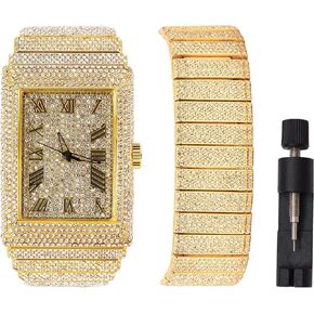 Men's Hip Hop Fashion Gold Plated Iced Bling Out Heavy Dial Luxury Rectangle Case Roman Numerals Quartz Analog Watch, Matching CZ Diamond Matching Bracelet Set, Gift Box in Saudi Arabia