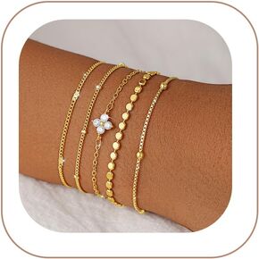 CAROVO 5Pcs Gold Bracelets for Women 14K Real Gold Plated Bracelets Set Rope Herringbone Paperclip Bead Chain Stackable Bracelet Non Tarnish Layered Waterproof Jewelry Gifts for Women in Saudi Arabia