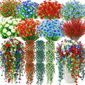 30 Pcs Red White and Blue Artificial Flowers for Outdoors, Faux Patriotic Flowers and Plants with Hanging Wisteria for 4th of July Decorations, UV Resistant for 250th Anniversary Porch Window Outside in Saudi Arabia