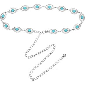 Turquoise Belt for Women, 1 Pcs Bohemian Western Metal Concho Belt with Oval Flower Design, Adjustable 43.3 Inch Chain for Dresses & Jeans, Silver & Blue in Saudi Arabia