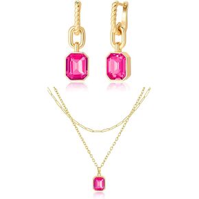 Lourny Gold Earrings and Layered Crystal Necklace Set for Women, 18K Gold Plated Choker Hot Pink Dainty Chain Trendy Jewelry for Women Gifts in Saudi Arabia