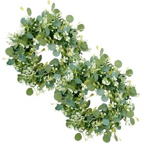 2Pcs Eucalyptus Green Wreath for Front Door, 11.8" Artificial Eucalyptus Leaves with White Flower Spring Summer Wreath for Wedding Wall Window Festival Farmhouse Garden Home Decor in Saudi Arabia