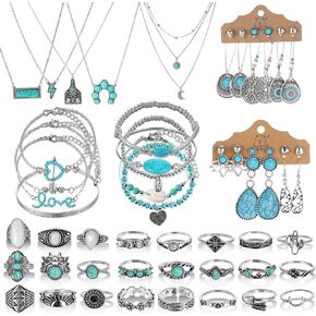 50Pcs Bohemian Jewelry Set With Turquoise Necklace, Dangle Earrings, Stackable Bangle Bracelets, Knuckle Rings, Vintage Western Boho Turquoise Jewelry Set for Women Anniversary Birthday Gift in Saudi Arabia
