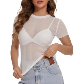 Women's Mesh Top Sheer Short Sleeve Crew Neck See Through Glitter Shirt Crop Blouse for Concert Party in Saudi Arabia
