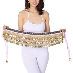Belly Dance Hip Scarf, Black Chiffon with Coins and Beads, Adjustable Waist Wrap for Dance Practice Performance in Saudi Arabia