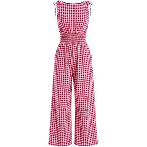 Women's Gingham Sleeveless Jumpsuit Smocked Waist Wide Leg Culotte Romper Tie Shoulder Summer One Piece Outfit in Saudi Arabia