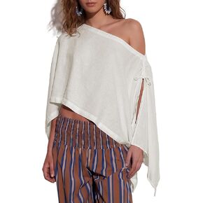 Ainangua Womens Sheer Poncho Beach Tops Casual Split Sleeve Drawstring Cover Up Versatile Flowy Cape Shawl Vacation Outfits(White,M) in Saudi Arabia