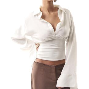 Womens Blouse Going Out Tops for Women Button Down Long Sleeve Crop Pol-O Shirt Cinched Waist Cute Blouses in Saudi Arabia