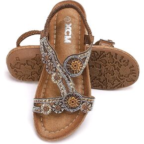 XCM Womens Bohemian Flat Sandals Rhinestone Comfortable T-Strap Summer Beach Shoes Elastic Ankle Strap Dressy Casual Beaded Thong Sandal Walking for Trevel Vacation Walking Wedding in Saudi Arabia