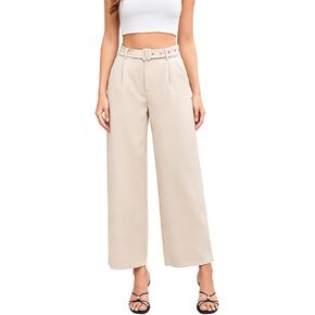 YesFashion Womens High Waisted Cropped Wide Leg Pants Belted Waist Pleated Ankle Business Casual Pants with Pocket in Saudi Arabia