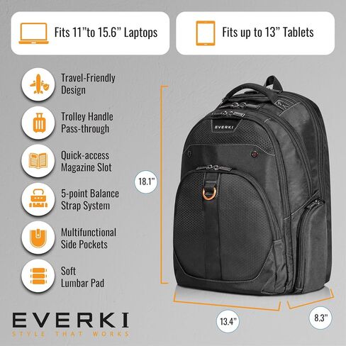 حزمة حقيبة ظهر الكمبيوتر المحمول EVERKI Atlas Business + مجموعة مكعبات التعبئة المضغوطة - مكعبات التعبئة لحقيبة الظهر والعربة 4.6L و9L + 29L/32L حقيبة ظهر للكمبيوتر المحمول للعمل والسفر والرجال والنساء - أسود وبرتقالي in Kuwait