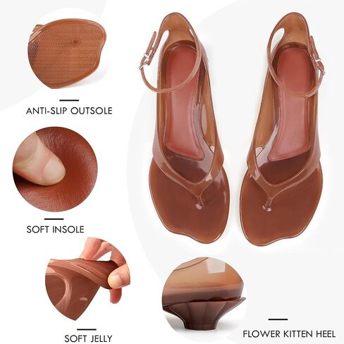 KISSASA Jelly Sandals Shoes for Women Fip Flop Kitten Heel Sandals Clear Ankle Strap Thong Heels Summer Low Heeled Summer Dress Shoes Brown Size 9 in Saudi Arabia