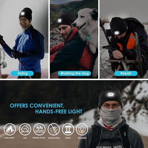 Bluetooth Beanie Hat with Light for Men, Rechargeable 4 Led Headlamp Cap Wireless Headphones, Gifts for Men Dad Teen in Saudi Arabia
