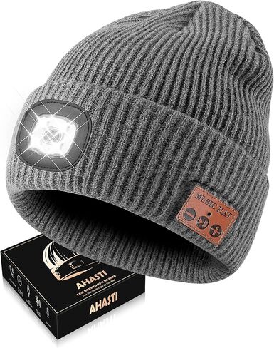Bluetooth Beanie Hat with Light for Men, Rechargeable 4 Led Headlamp Cap Wireless Headphones, Gifts for Men Dad Teen in Saudi Arabia