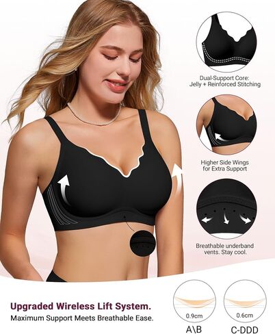 As Fairy Wireless Bras for Women No Underwire Full Coverage Jelly Lift Strong Support Push Up Scalloped Everyday Tshirt Bra Seamless Soft Daily Wear Breathable Air Hole Design(Black 34DD) in Saudi Arabia