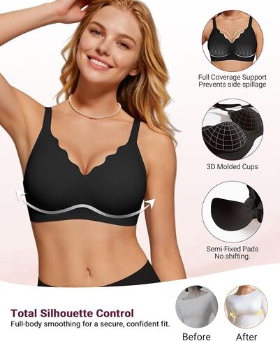 As Fairy Wireless Bras for Women No Underwire Full Coverage Jelly Lift Strong Support Push Up Scalloped Everyday Tshirt Bra Seamless Soft Daily Wear Breathable Air Hole Design(Black 34DD) in Saudi Arabia