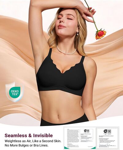 As Fairy Wireless Bras for Women No Underwire Full Coverage Jelly Lift Strong Support Push Up Scalloped Everyday Tshirt Bra Seamless Soft Daily Wear Breathable Air Hole Design(Black 34DD) in Saudi Arabia