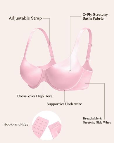 HSIA حمالات صدر بالكونيت للنساء Underwire غير مبطنة Demi Elodie Cloudsoft نصف كوب حمالات صدر من الساتان وردي نقي 40DDD in Kuwait