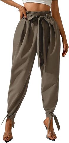 OYOANGLE Women's Elastic Waist Belted Harem Pants Baggy Crop Pants Barrel Leg Trousers with Pockets in Kuwait