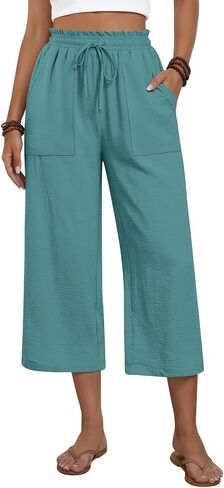 Anyhold Capri Pants for Women Cropped Summer Outfits Wide Leg High Waisted Beach Pant with Pockets in Saudi Arabia
