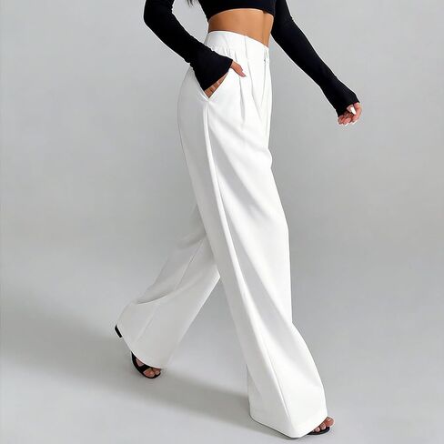 Women Wide Pants Office HIGT Elastic Waist Casual Pants Work Loose Fit Trousers Pleated Waist Back Business White Size M in Kuwait