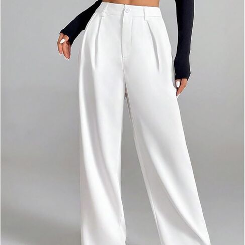 Women Wide Pants Office HIGT Elastic Waist Casual Pants Work Loose Fit Trousers Pleated Waist Back Business White Size M in Kuwait